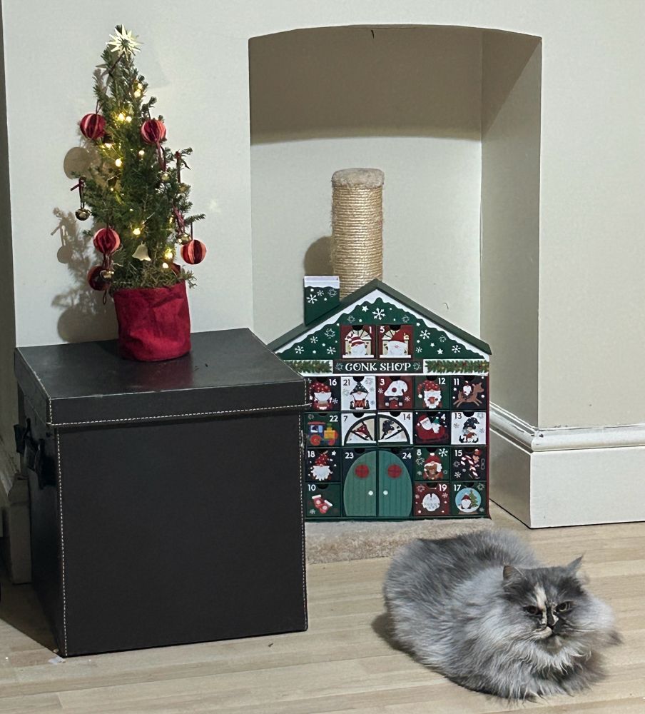 A fluffy grey cat sits loaf style in front of a tiny Christmas tree decorated with red and gold ornaments which sits on a brown box. There is also a large advent calendar behind the cat