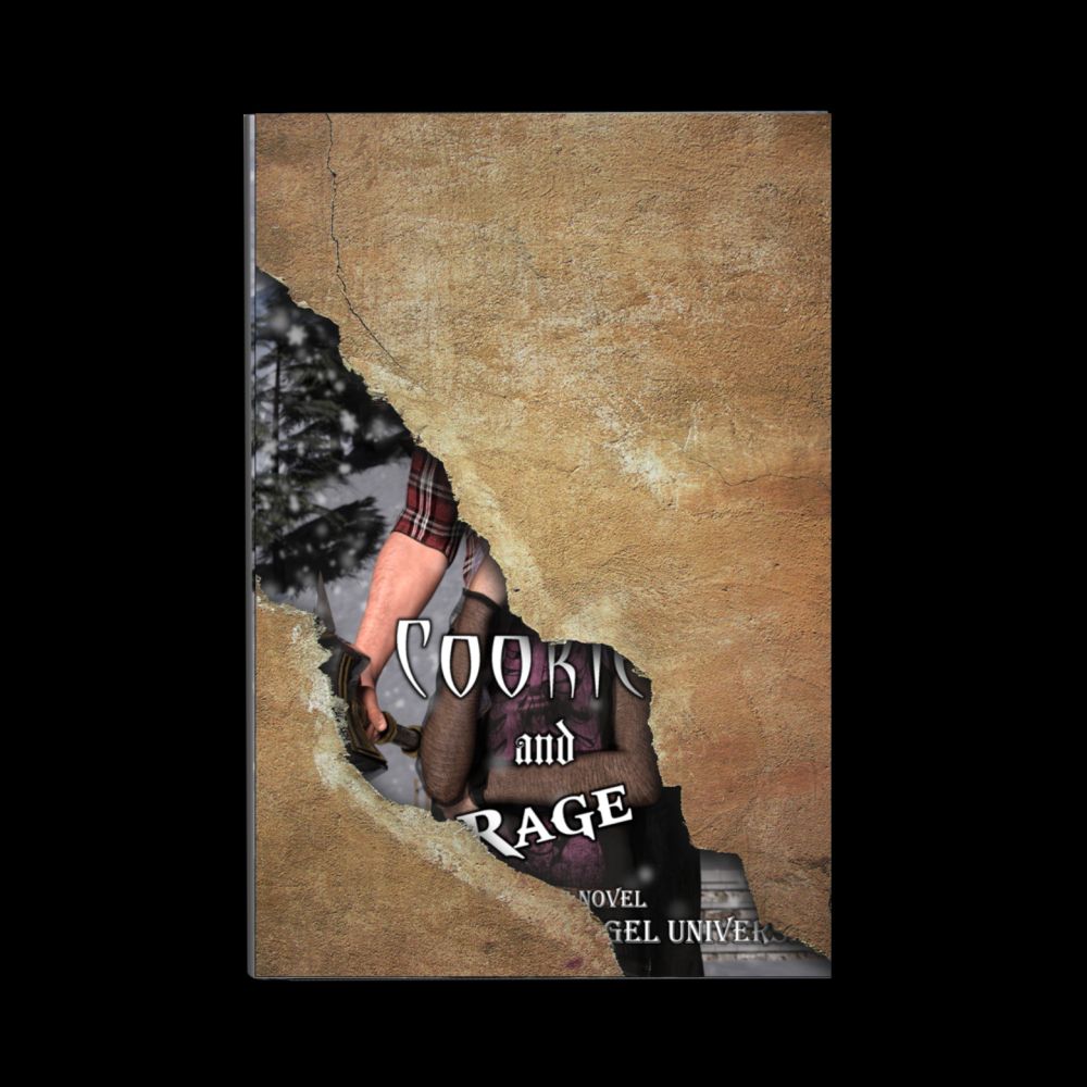The Cover of Cookies and Rage half hidden so you can't see much besides a snowy background, and burly arm with a hammer of a guy presumedly standing behind a girl in a mesh overshirt with a tank top that has a pink skeleton on it.  