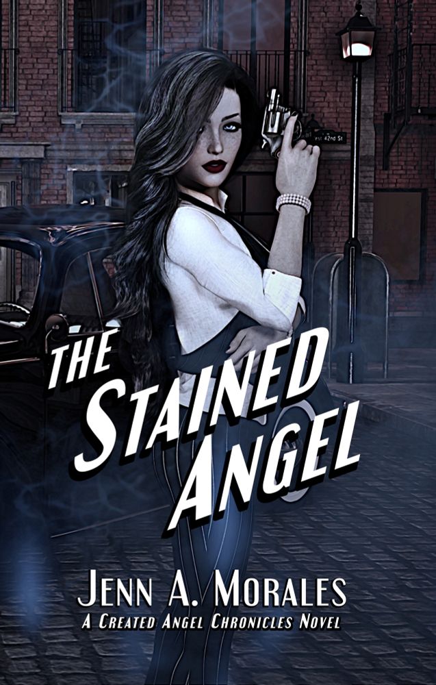 The cover of THE STAIN ANGEL featuring Leighla Tenebrae the gothic International Preternatural Marshal with long raven hair, very pale freckled skin, and bright blue eyes. Pictured here holding her Chief Special and wearing her normal “work attire” pinstripe pants and matching vest paired with pearl jewelry and A white button down shirt. 

In the background is a brick alley way and her 1963 Volkswagen Beetle. 