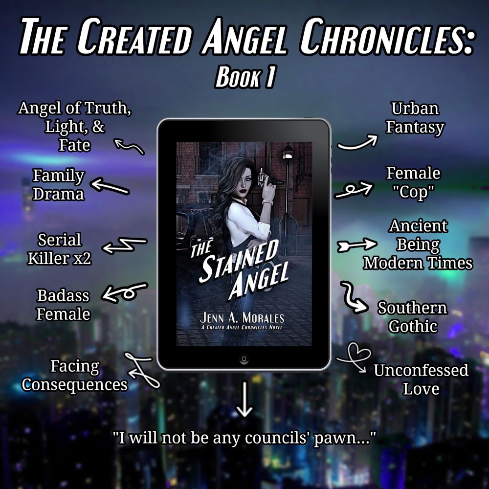 Here are some tropes you’ll find in the book:

Left side:
Angel of Truth, Light, & Fate
Family Drama
Serial Killer X2
Badass female
Facing consequences

Right side:
Urban Fantasy
female “cop”
Ancient Being Modern Times
Southern Gothic
Unconfessed Love

Quote from Leighla FMC:
“I will not be any Councils’ Pawn.”