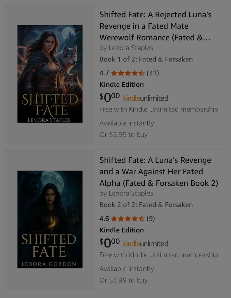 The stolen books and the author only has these two books too! She’s stealing from popular web novels to steal money from my friend. This Lenora even stole her covers! 