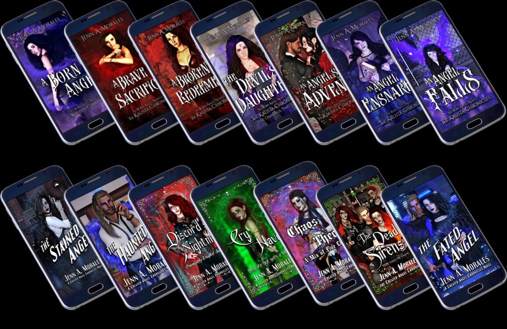 All of my books, Some still to come, but on the bottom row is the entire Created Angel Novels/Chronicles, including the cover I haven't shown anywhere else yet. 

Tropes, triggers, & book names below!

Top Row: Kalista Chronicles 

(Tropes & Triggers: Fated Mates, Reluctant Chosen, Slow❤️‍🔥, FTB, Crime Thriller, Fallen Angel protagonist, trauma core, Dark Rituals, Training Montage, SA, SH, Violence, Gore, Swearing.)
A Born Angel (2021)
A Brave Sacrifice (2022)
A Broken Redeemer (2023)
An Angel's Advent (2023)
An Angel Ensnared (2024)
An Angel Falls (Coming Halloween 2025)

Bottom Row: The Created Angel Novels: 

(Tropes and Triggers: Morally Grey MC(s), Female LEO, Paranormal Romance, Fated Mates, Spice🔥, Serial Killers, SA, Trauma core, kidnapping, gore, violence, swearing, and pregnancy/infertility.)

The Stained Angel (2022)
The Haunted Angel (2023)
Discord's Nightmare (2023)
Cry Havoc (2024)
Chaos Theory (2025)
The Deadly Sirens (Coming 2026)
The Fated Angel (Coming 2027)