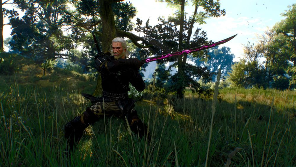 Geralt swinging a sword. 