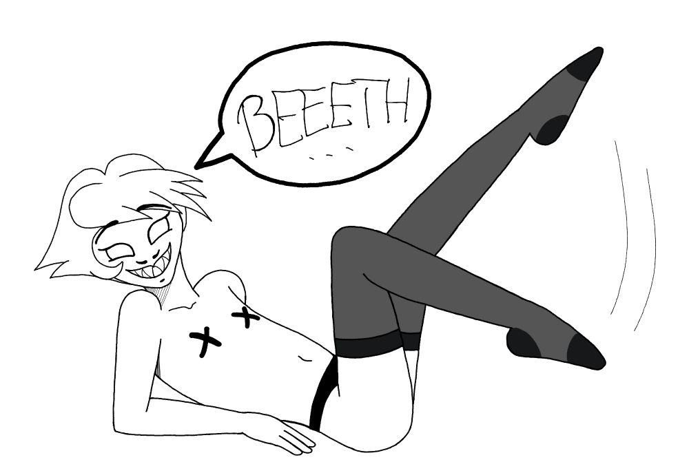 Black and white digital drawing of an almost naked man in thong and stockings