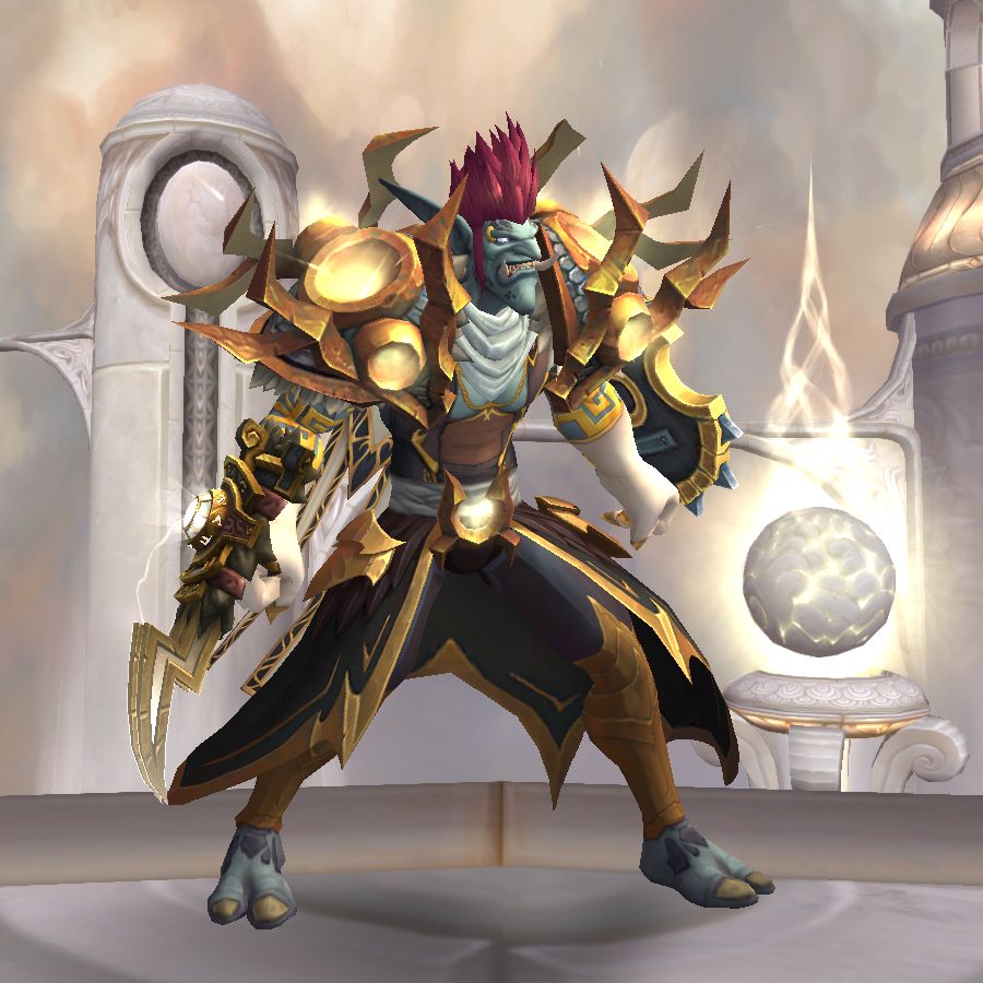 A Zandalari troll shaman from World of Warcraft, dressed in gold/black/white, posing heroically at the Throne of the Four Winds