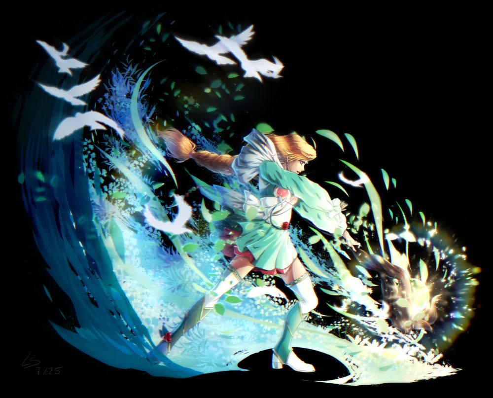 A mage casting a spell that causes plants and birds to flow from her staff