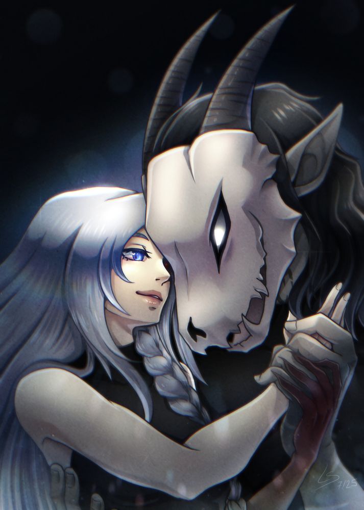 Two DnD characters, a woman and a person with a monster skull as face, holding each other tenderly.