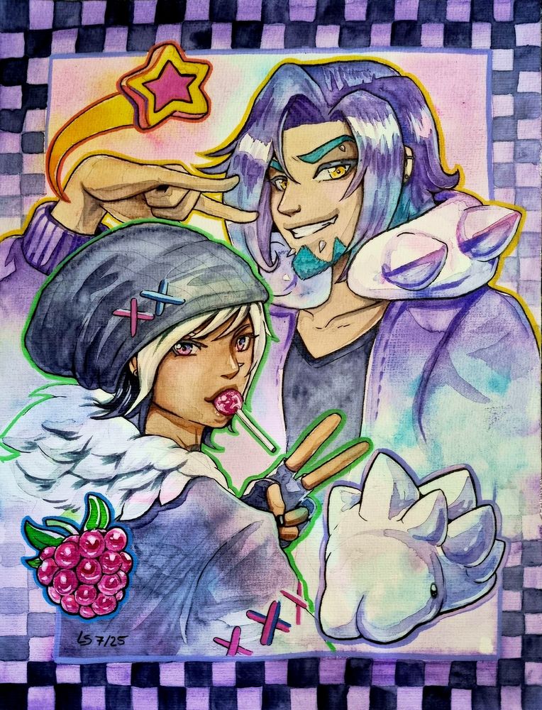 A watercolor painting of two pokemon trainers posing for the camera as if taking a selfy with little decorations or stickers around them