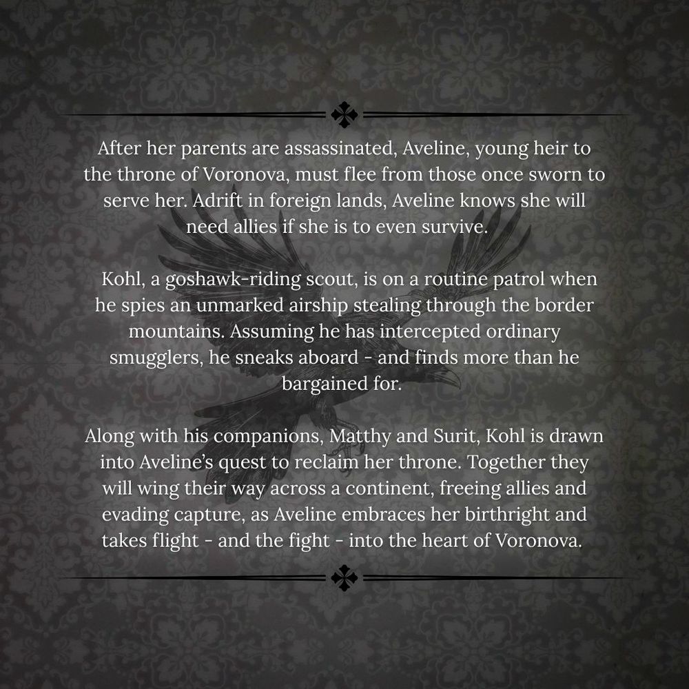 A black raven on a grey background, with a blurb about the books. 