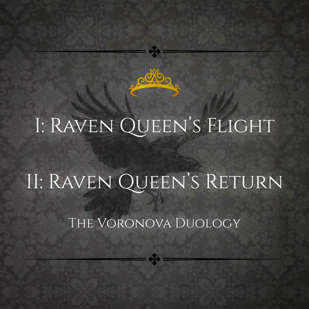 A black raven on a grey background, with a crown and the book titles. 