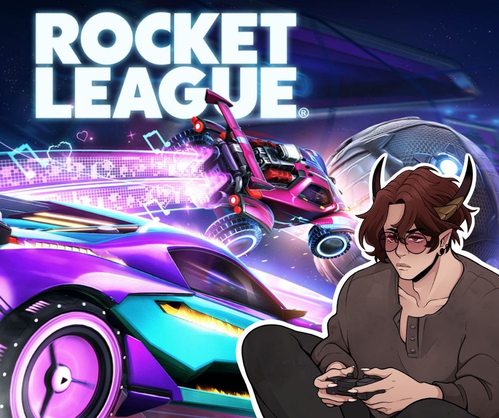 VIRRO - short brown hair, pointy ears with plain black earrings in, tinted red glasses, gold and black horns poking out of his hair. He's holding a gaming controller, his nails are sharp. Also wearing very cozy plain clothes; a brown Henley like shirt and black sweatpants.

picture of a Rocket League ad behind him PLAYING BALL HELL YE