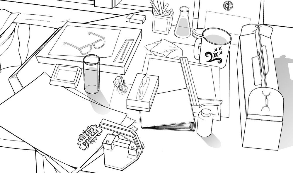 is a close up of the cluttered table. there's tissue box with some crumpled up next to it. A pill bottle, closed. A 3 ring binder and a big t-square. The biggest paper on the table says 'Cryptid Circus'