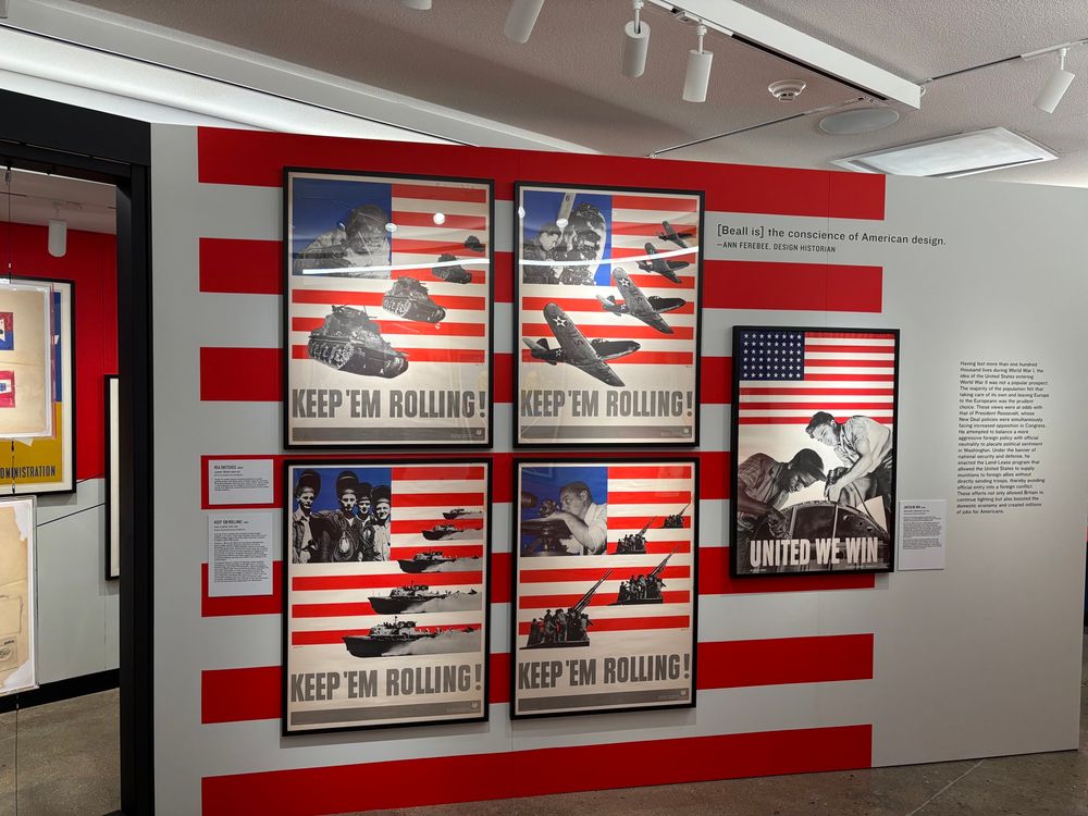 Series of red white and blue posters depicting tanks, bombers, artillery, and war ships created for the Office for Emergency Management, Division of Information