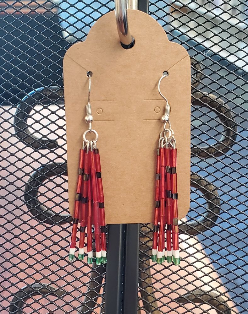 Beaded tassel french hook earrings in a watermelon pattern. 