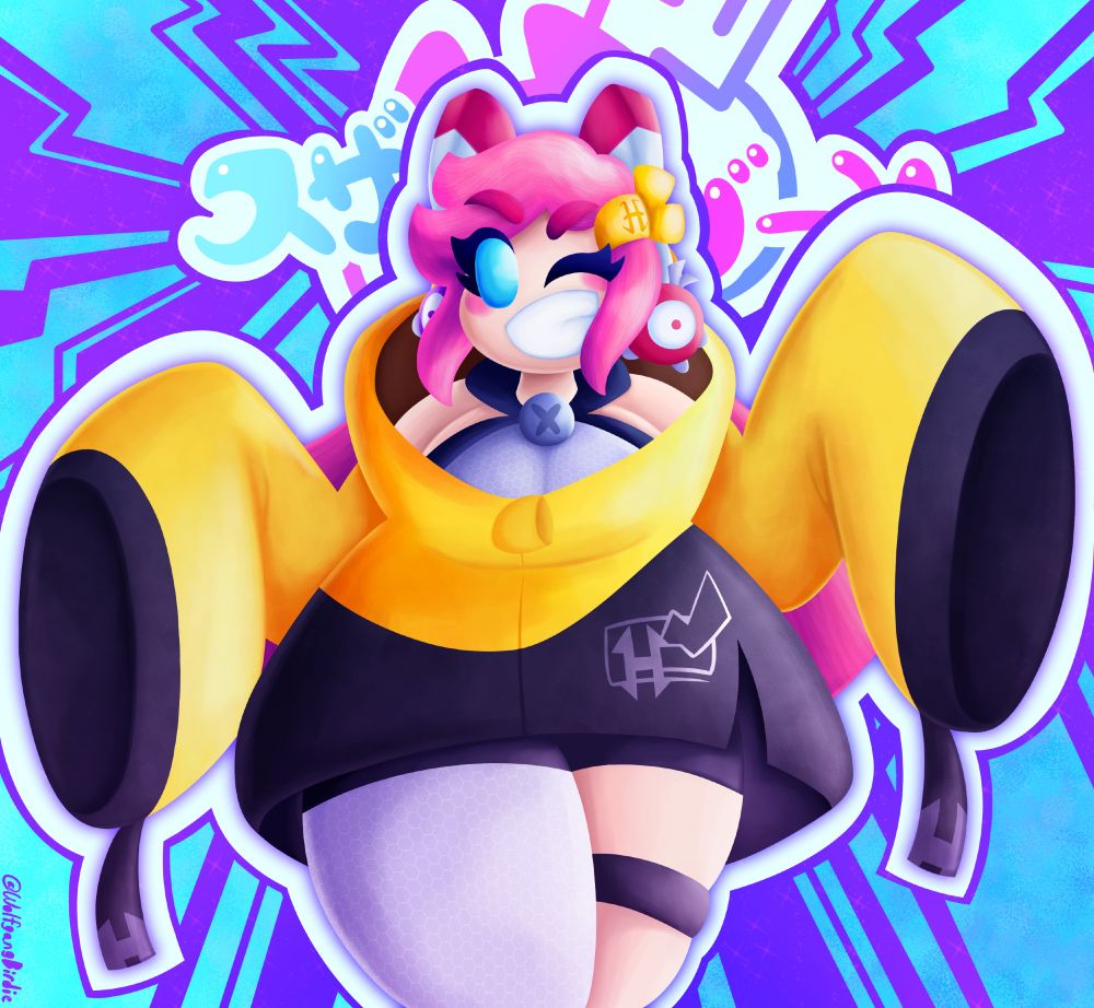 My Susie gijinka wearing the outfit of Iono, a popular streamer from Pokemon Scarlet and Violet.

She has a big yellow and black jacket with oversized sleeves, a silver body suit with black outlines and an exposed thigh with a black strap on it, Waddle Doo hair clips that reference Iono's Magnemite clips, and a modified golden hair clip with two extentions. She's walking towards the viewer while doing a fun pose and happily winking at them with a huge grin.

The background has a modified version of Iono's logo using the Haltmann Works Company's logo, with bolds of cyan lightning shooting out from it all over the place over a purple backdrop. Susie herself has a big white and purple border to separate herself from the background so she can stand out more, as she is drawn lineless here.