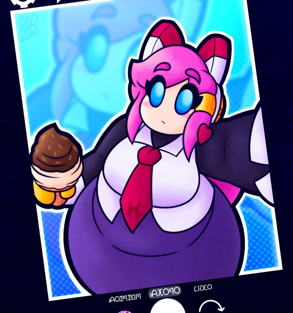 My gijinka design of Susie from Kirby Planet Robobot preparing to take a selfie. She has long pink hair with a golden clip and red heart clip, a headset with two white and red accessories, and is wearing a white top with a red tie, a black undershirt, a purple pencil skirt, and yellow gloves. She's holding a vanilla ice cream cone with chocolate frosting and sprinkles. She doesn't have much of an expression, as she's still readying herself.

The composition shows her from an above angle. She is aiming her phone in such a way that it shows off both her ice cream and her figure (which is curvy). The background is a simple blue halftone gradient with a blurred and transparent copy of Susie in it. The border is angled slightly to the left and references the layout of an Android phone camera app, with settings that read "PORTRAIT," "PHOTO," and "VIDEO," all of which are written in the New World language from Kirby and the Forgotten Land.

My Susie is kind of an Instagram girlie, so this scenario is very common for her.