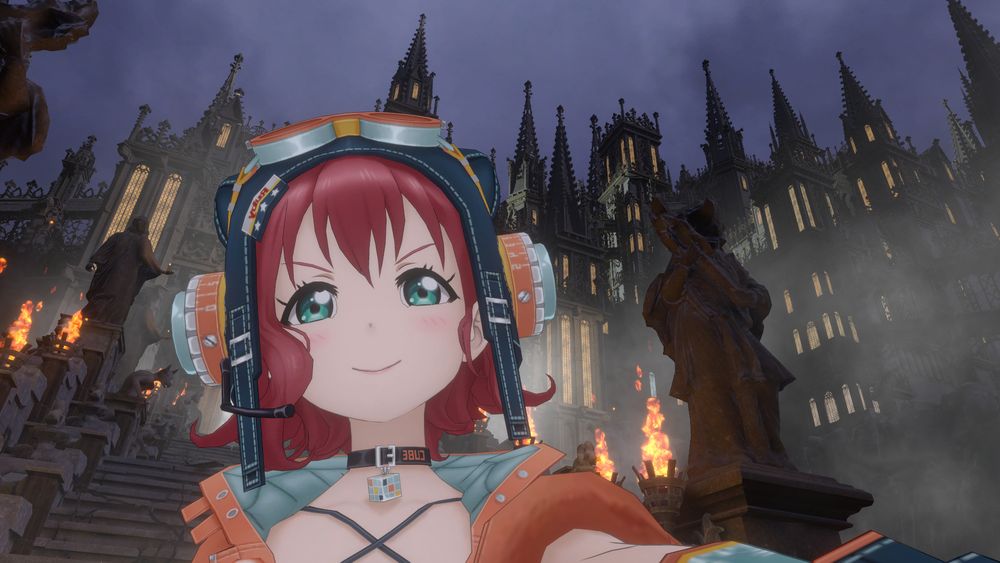 Ruby Kurosawa avatar taking a selfie in front of a baroque castle.