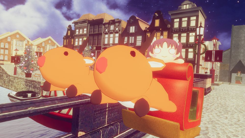 Virtual Leah Kazuno nesoberi on a toy sleigh pulled by toy reindeer.