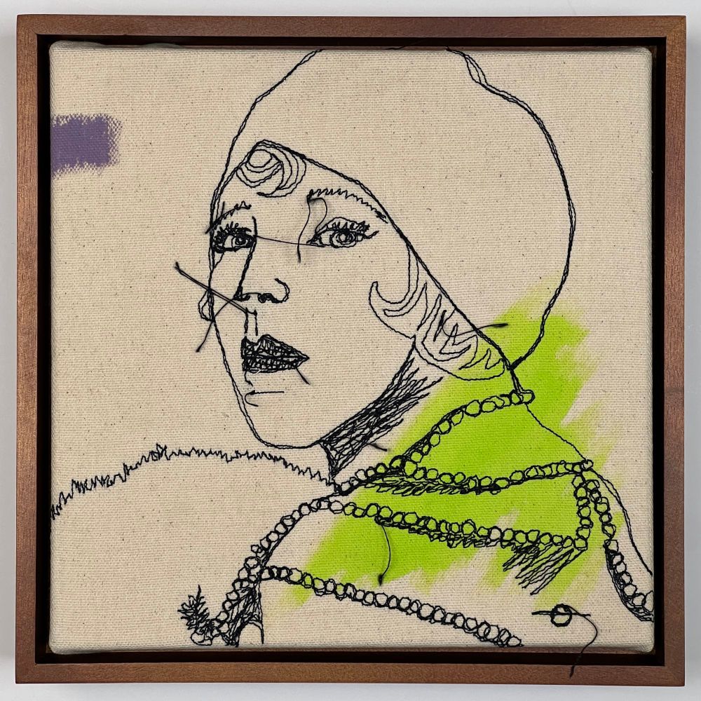 8” x 8” x 1.5” canvas artwork in a wooden floater frame. The artwork is created by first painting on raw canvas, and then stitching a drawing using a sewing machine and black cotton thread. Loose black threads are purposely visible across the canvas. This image is a thread sketch of a 1920s flapper woman, looking confidently over her shoulder, and holding a fur accessory, and wearing an extra long pearl necklace wrapped several times around her neck and back. The canvas is painted abstractly with a triangular patch of lime green and a small square of muted red-violet.