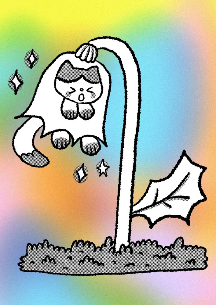 A simple black and white digital drawing of a cat stuck in a flower. The background is a blur of colours primarily yellow, green, blue and orange. 