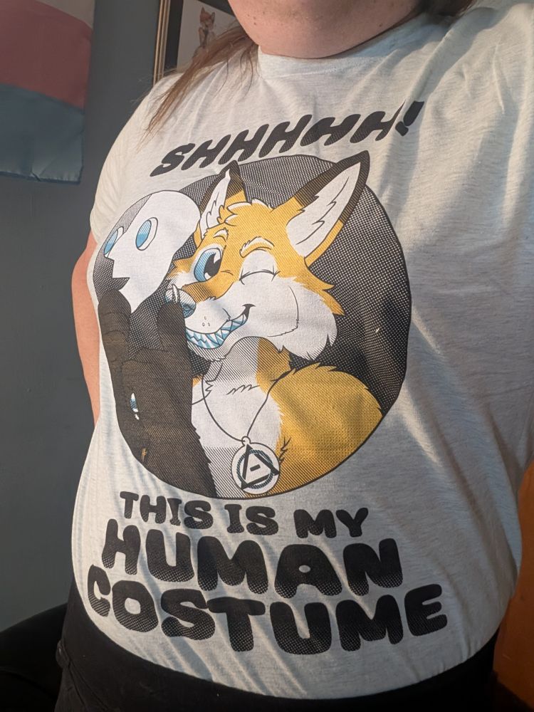 Me wearing a T-shirt depicting a fox holding a mask, with text as follows. "Shhhhhh! This is my human costume"