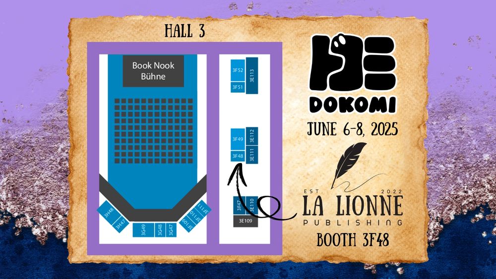 Map of the Book Nook in Hall 3 of Dokomi. Anya's booth is 3F48, across from the stage audience.