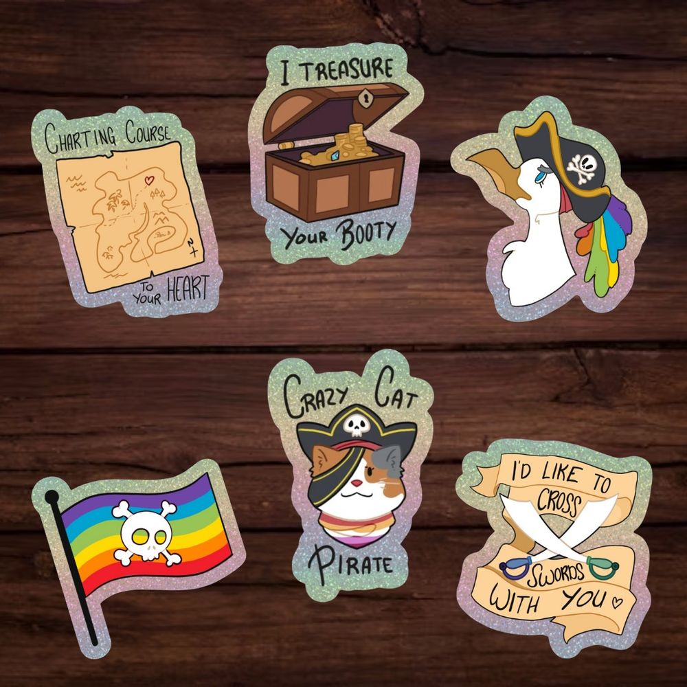 Mock ups of six pirate-themed stickers on a faux wooden background. The stickers have a rainbow glitter background and are filled with pirate puns, like "charting a course to your heart" with a map and "I treasure your booty" with an open treasure chest.