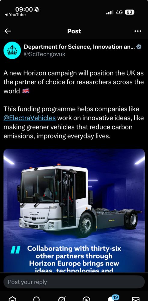 Screenshot of DSIT twitter feed - “A new Horizon campaign will position the UK as the partner of choice for researchers across the world”