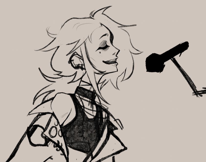 Side profile of Hwei (from League of Legends) in my fan concept of a pop-rockstar style, he's singing into a microphone.