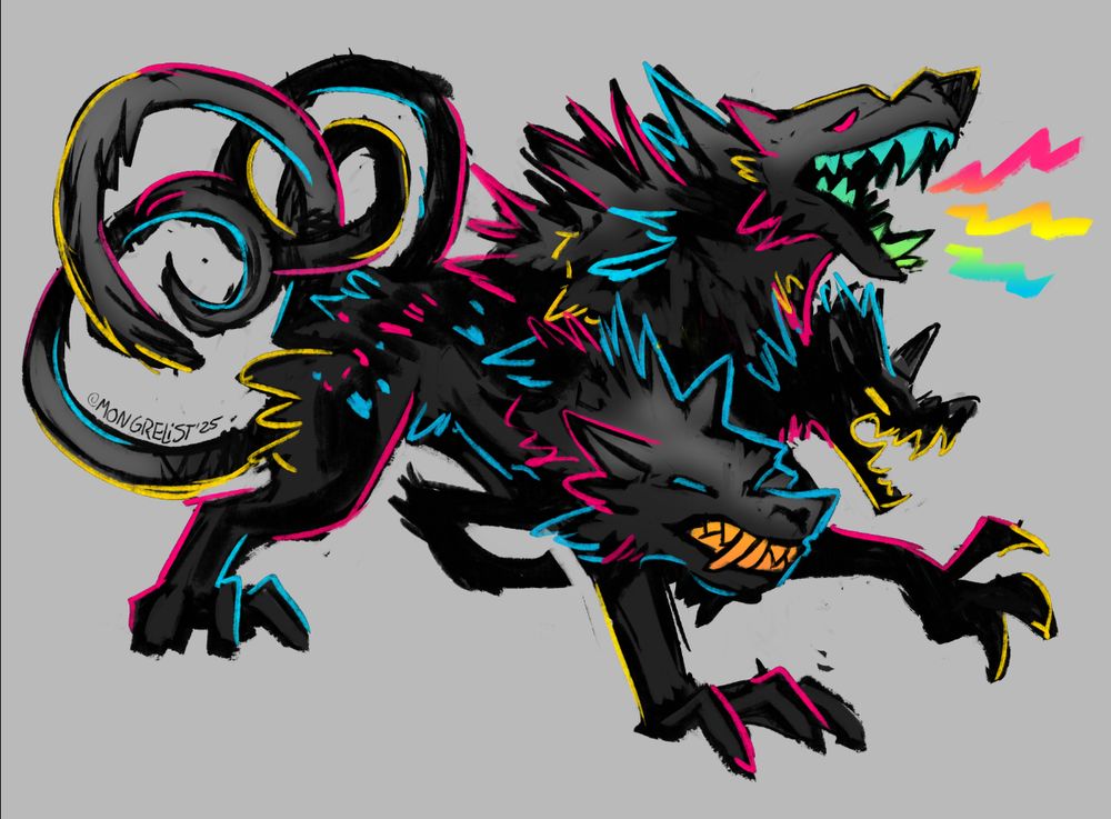 Digital sketch of a black cerberus with magenta, cyan, and yellow highlights.