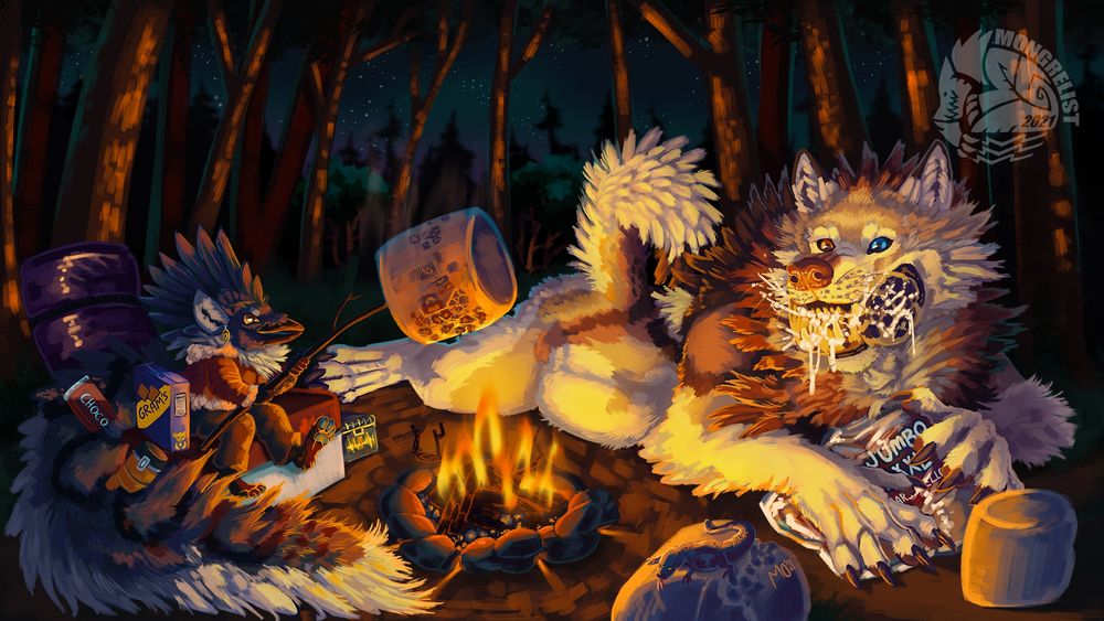 A small blue gryphon holds a comically large marshmellow over a campfire. Kahea enjoys a roasted mellow that oozes out it's sugary goodness between the werewolf's jaws. There's a few scattered camping and snack supplies and some faintly lit trees giving cover from the night.