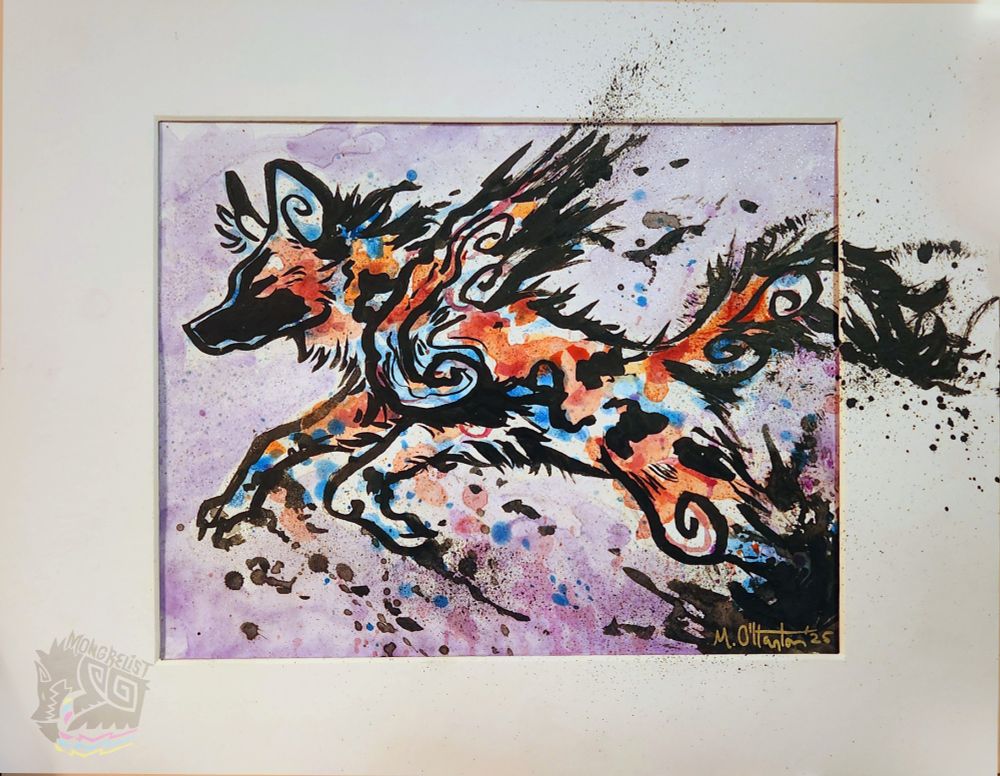 A painted dog (african wild dog)  leaping towards the left, leaving splatters of ink behind. It is a traditional piece within a matted frame, painted with watercolors and indian ink. The art style is inspired by Okami, with swirls and flowy splatters speckled throughout. 
