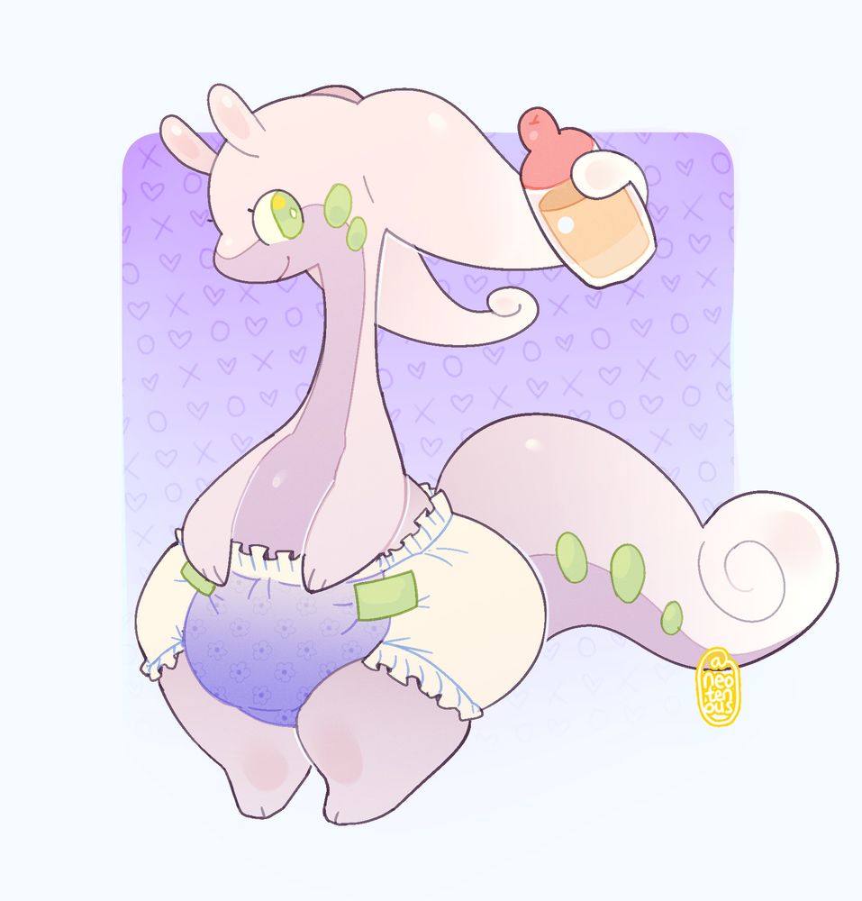 goodra (pokémon) in a diaper, holding a bottle