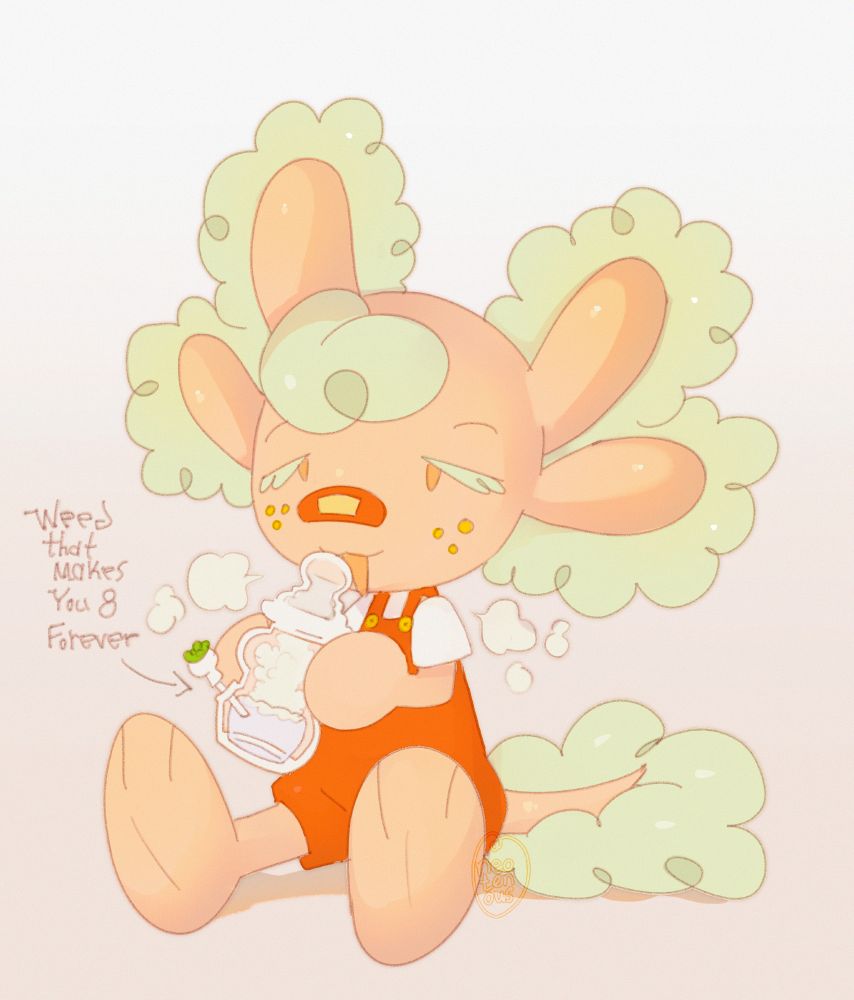 fursona lottie, pink/blue(or green) axolotl, smokes a bottle bong