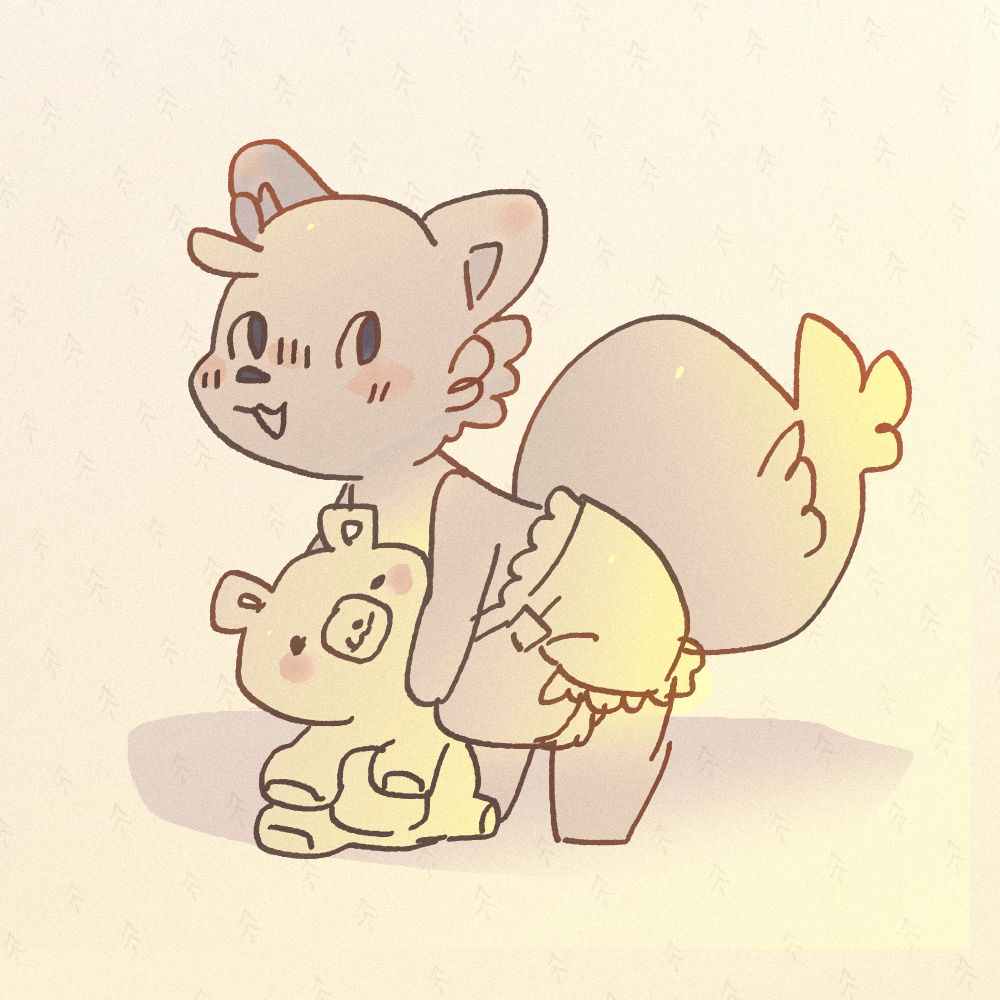 a baby canine (or feline?) in a diaper holding a plushie