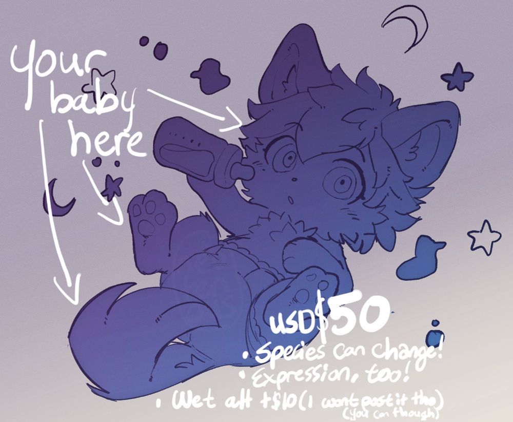 a YCH/your character here illustration of a character laying back in a diaper and holding a bottle. USD $50, species can change! Expression, too! Wet alt +$10 (I won't put it tho (you can though))