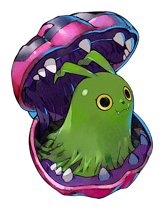 syakomon, a vaguely bunny-shaped slime in a clam shell