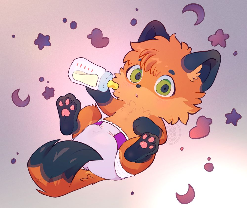 a fox baby on their back, diapered, holding a bottle and looking at the camera