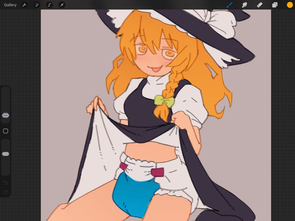 in progress illustration of marisa (touhou project) in a diaper. 