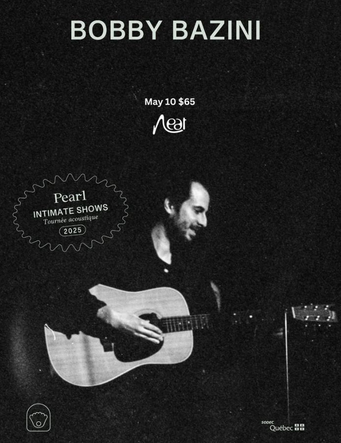 Screenshot of singer songwriter Bobby Bazini show poster for recent tour  featuring songs from his newest album, Pearl. Bazini is playing a guitar, black and white photo.