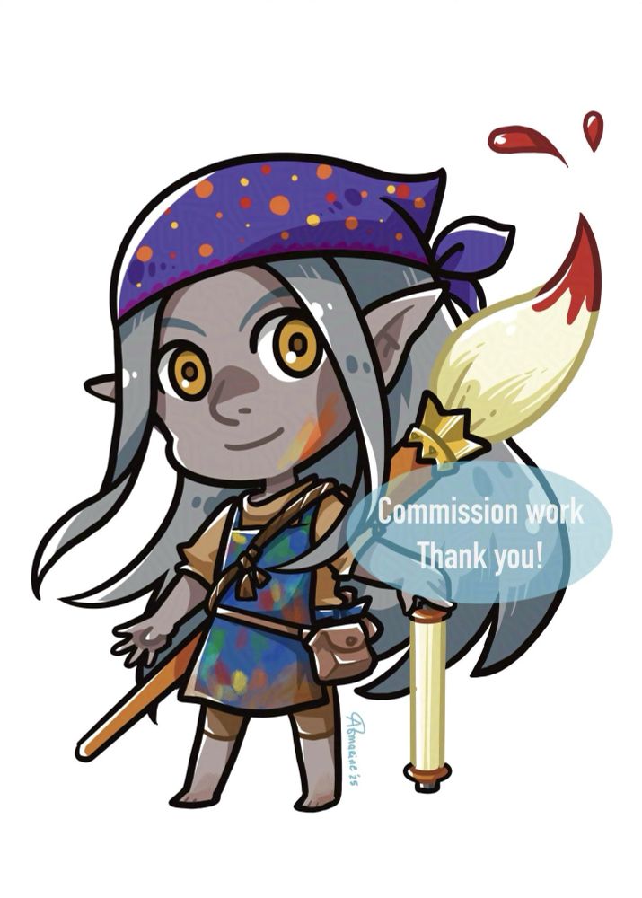 chibi of ashen skinned gnome with long grey hair. he is wearing apron with paint and dirt stains on it and carry a giant paint brush on his back. his head is covered in bright colourful purple bandanna and one hand hold a scroll standing on floor. 