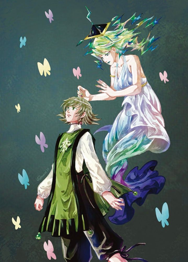 Lien slightly arching his body forward while looking upward while Sigma floating behind him looking downward with hand gesture suggesting she just finished placing circlet on Lien’s head. Colourful butterfly pattern in the background 