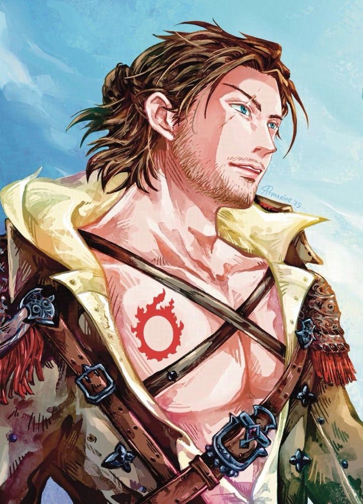 Meteor in his Viper outfit looking slightly up towards the distance. The shirt is open slightly more than usual with silver meteor symbol placed on his right chest and silver XIV number at the left top corner of the image.