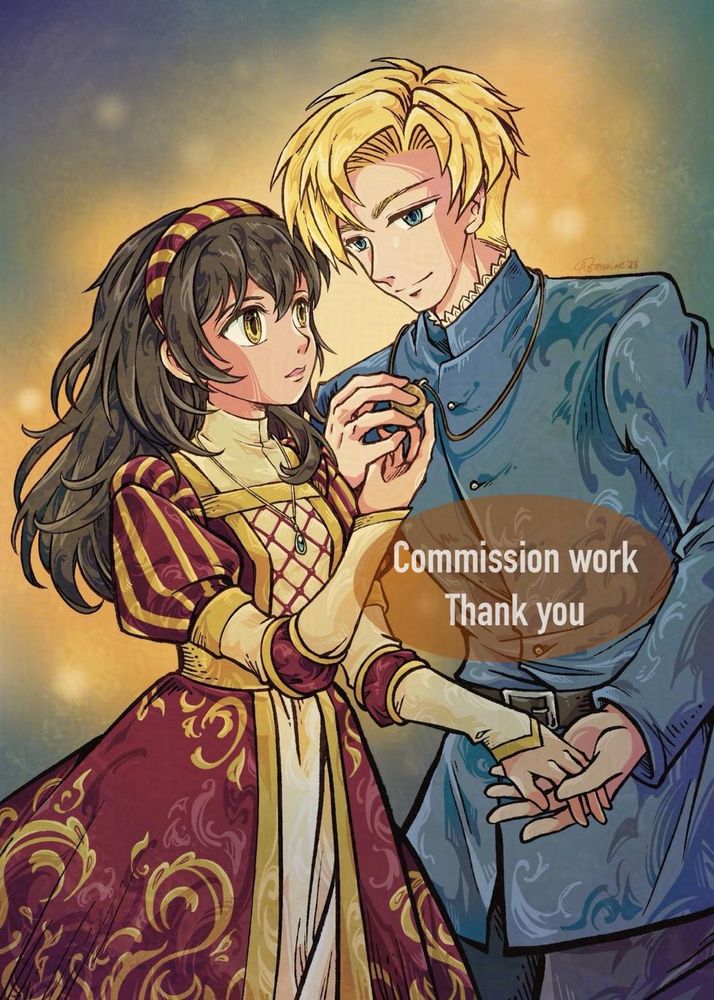 drawing of Rafa from Orb anime annd Lumi an OC of black haired girl with golden eyes in red dress adorned with gold embroidery. Rafa and Lumi is looking at each other with Lumi hand holding Rafa’s orb necklace and Rafa’s hand is over it. Lumi other hand is resting on Rafa’s other hand.