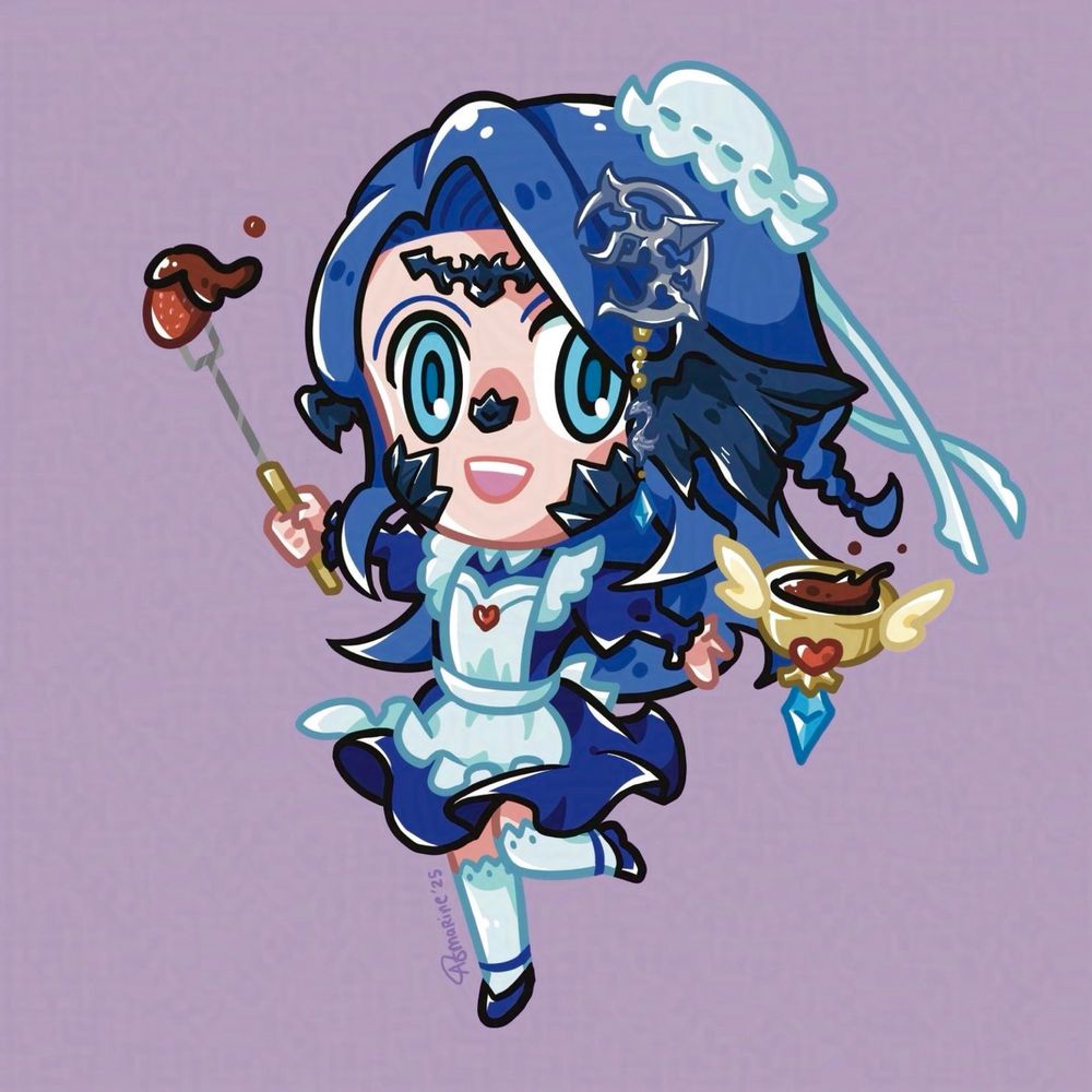 Chibi maid Zurrine as red mage with fondue fork with strawberry as the sword and a goblet filled with chocolate fondue hovering near her other hand. 