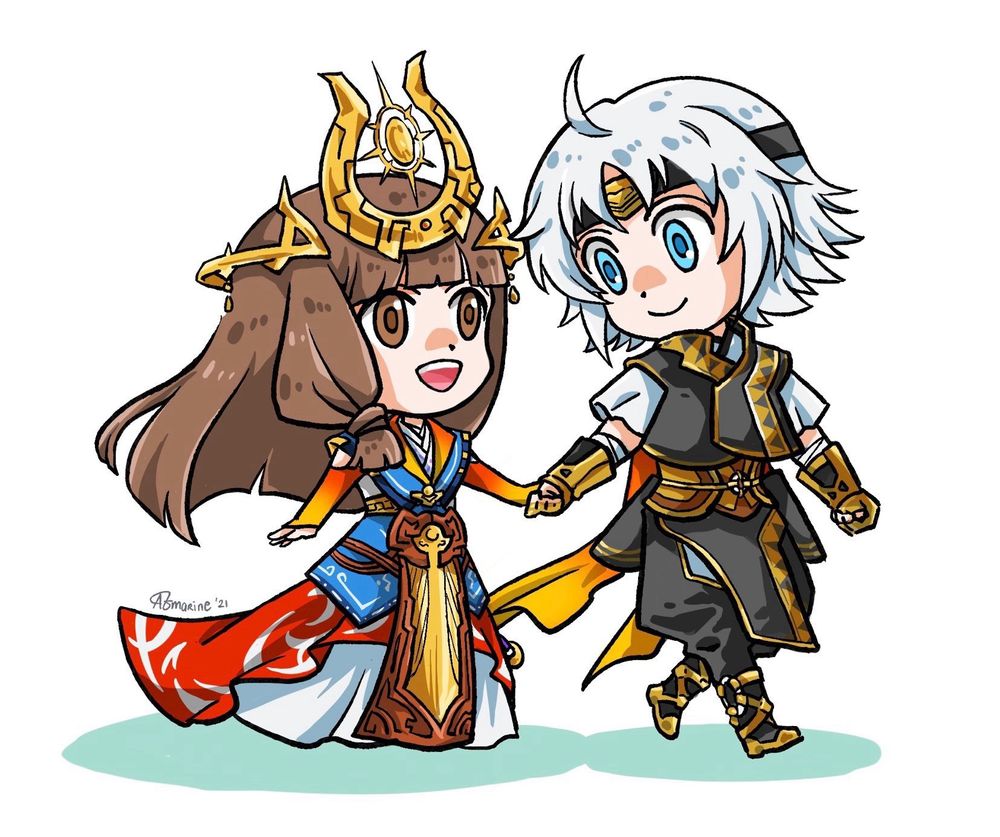 chibi drawing of Lymsleia in her queen garb and Freyjadour in his Queen’s knight uniform. Lym places her hand on Frey’s offered hand while they look at each merrily walking together
