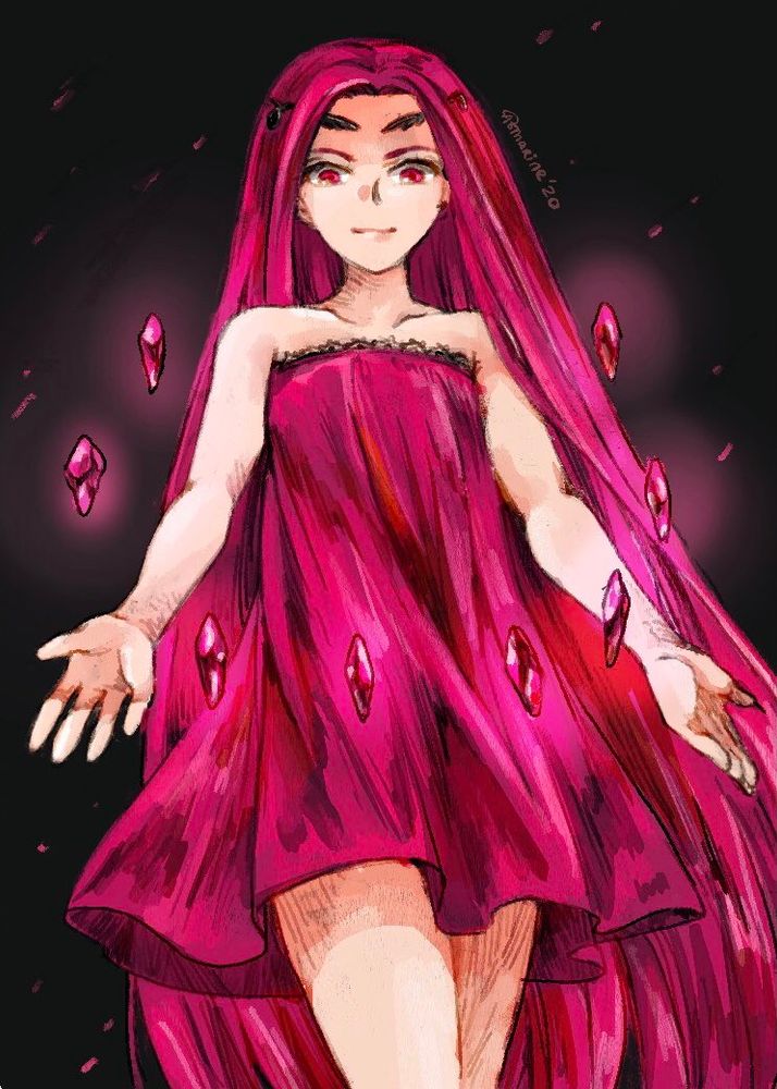 L’erisia, a young girl in fuchsia red long hair, dress and eyes looking downward with her hands open with 8 ristaccia gems hovering around her. 