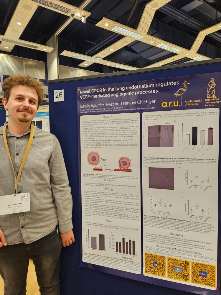 Me (Lewis Spurrier-Best) standing next to my scientific poster at the 75th Annual Meeting of the British Microcirculation and Vascular Biology Society (BMVBS). The poster is titled "Novel GPCR in the lung endothelium regulates VEGF-mediated angiogenic processes," co-authored with Professor Havovi Chichger. The poster includes text, diagrams, graphs, and experimental results related to vascular endothelial research. Other posters and conference displays are visible in the background.