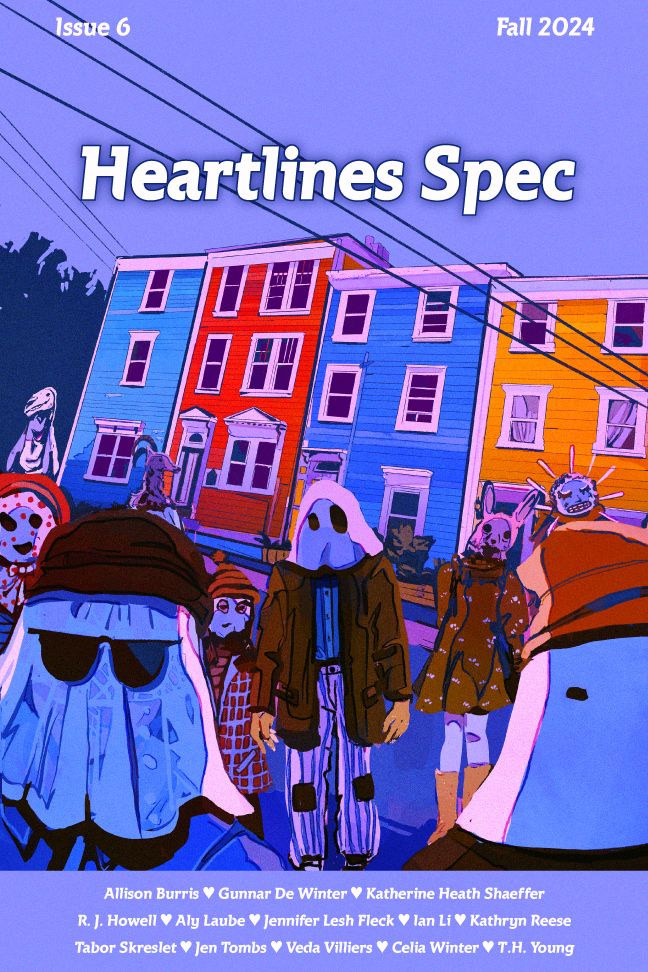 Cover art for Issue 6, brightly-coloured row houses under a purplish sky. A crowd of assorted mummers assemble in front--some are traditional some are more folk