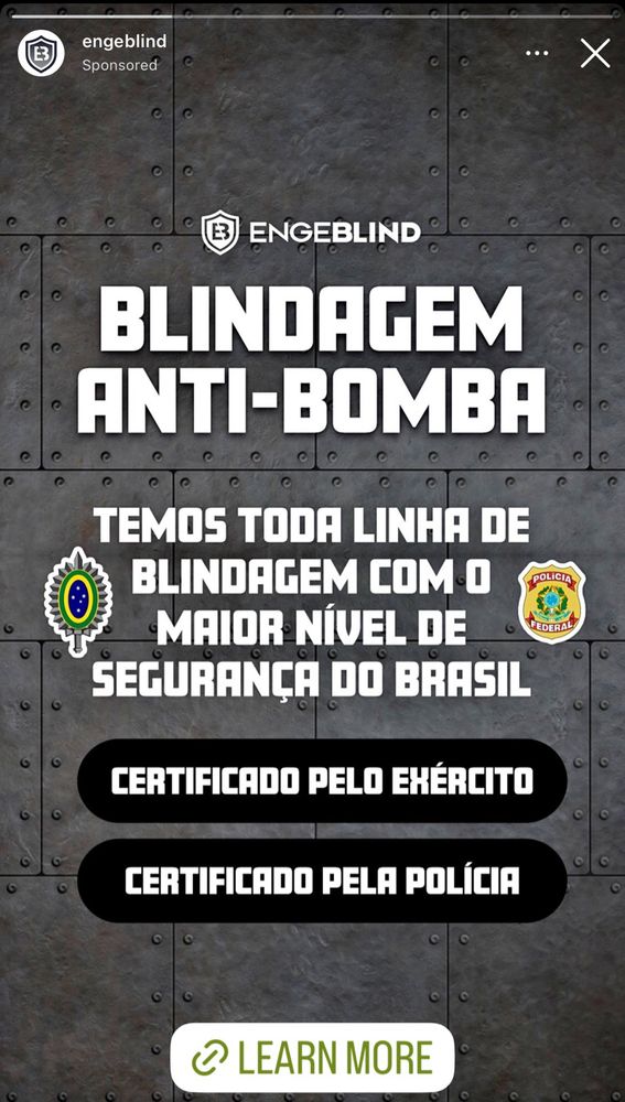 Propaganda do Instagram anunciando blindagem anti-bomba certificada pelo exército e pela polícia 